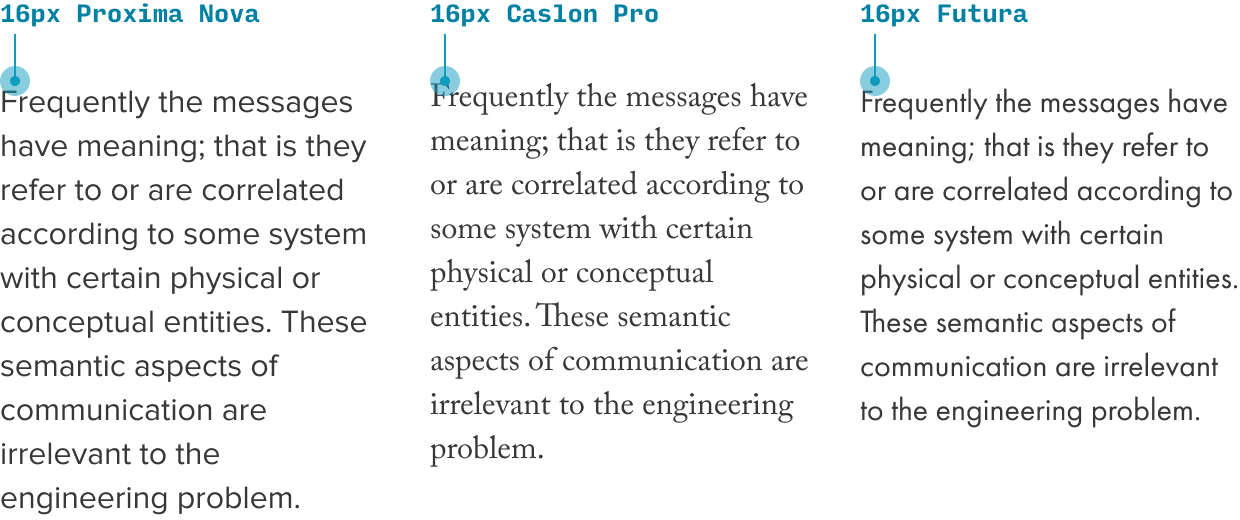 the size comparison between Proxima Nova, Caslon Pro, and Futura